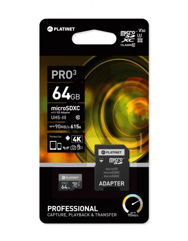 PLATINET microSDXC SECURE DIGITAL + ADAPTER SD 64GB class10 UIII 90MB/s [43999]