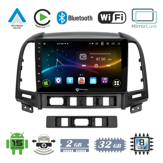 VenCore Οθόνη Multimedia Android 15 9" 9109A MTK6762 Octa-Core 2GB/32GB IPS με Πρόσοψη, CarPlay, Android Auto και Υποστήριξη Κάμερας Οπισθοπορείας AHD για Hyundai Santa Fe 2006-2013 – Μαύρη (3236-10007-0624B)