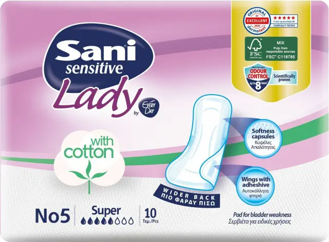 Sani Sensitive Lady Super Γυναικείες Σερβιέτες Ακράτειας Κανονικής Ροής 5 Σταγόνες 10τμχ