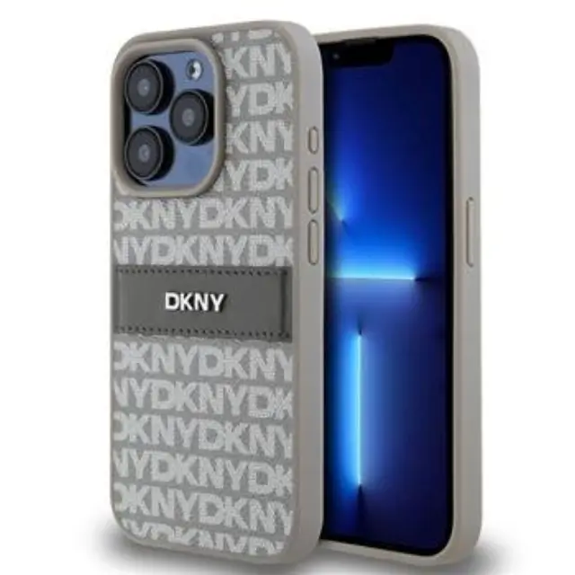 DKNY PU Leather Repeat Pattern Tonal Stripe Case for iPhone 14 Pro Max Beige