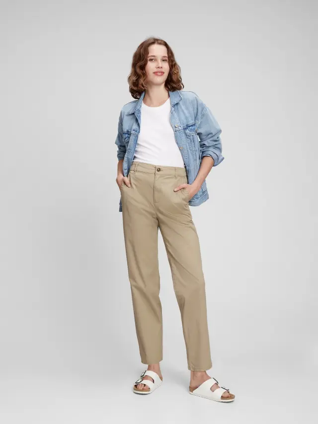 Μπεζ High Rise Girlfriend Khaki Παντελόνι με Washwell khaki - 0