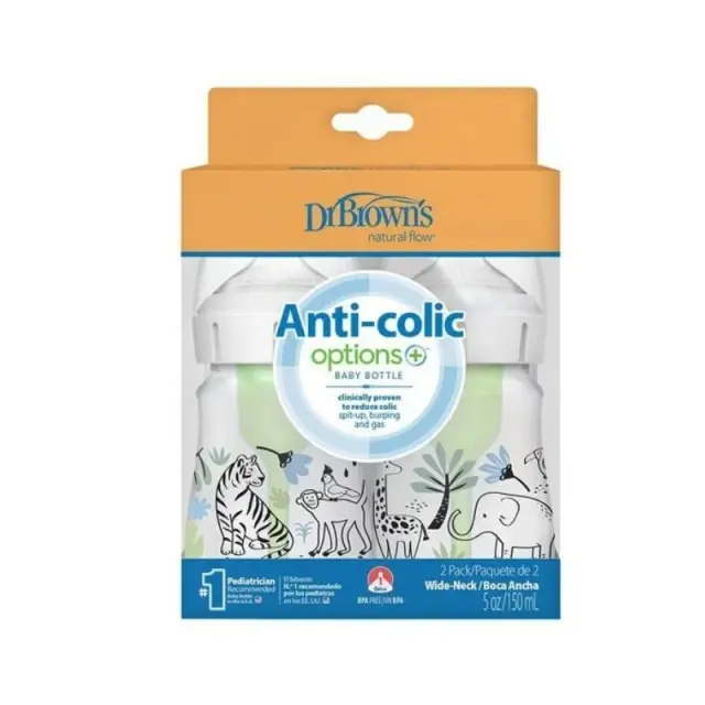 Dr. Brown's Baby Bottle Natural Flow Anti-Colic Options+ Πλαστικό Μπιμπερό με Φαρδύ Λαιμό 0m+, 2x150ml