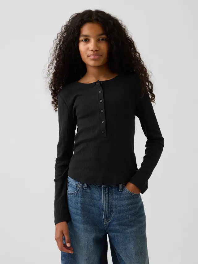 Παιδική Μπλούζα Henley με Ριμπ Πλέξη Black
