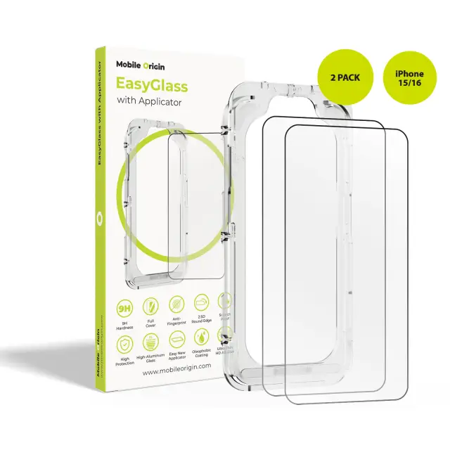Mobile Origin EasyGlass with Applicator iPhone 15/16, 2 pack
