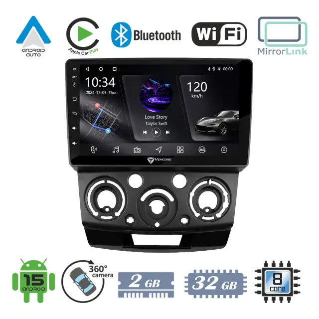 VenCore Οθόνη Multimedia Android 15 9" PX5S Octa-Core 2GB/32GB IPS με Πρόσοψη, CarPlay, Android Auto και Υποστήριξη Κάμερας 360° για Mazda BT50 2007-2012 – Μαύρη (3236-10005-0687B1)