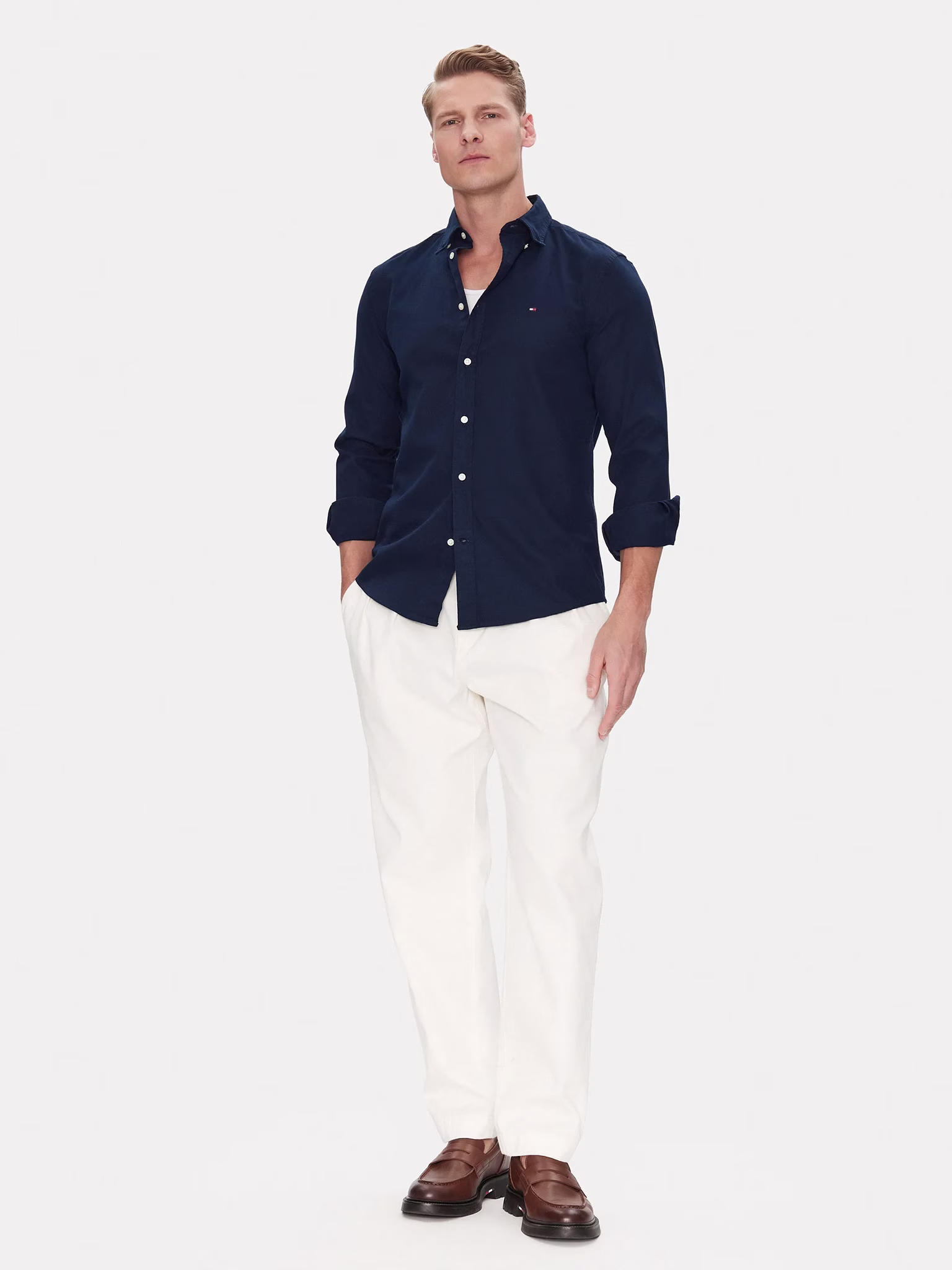 Tommy Hilfiger Μακρυμάνικo Βαμβακερό Πουκάμισο σε Στενή Γραμμή Carbon Navy Tommy Hilfiger Μπλε Σκούρο 2