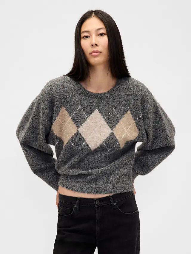 Fuzzy Argyle Κοντό Πουλόβερ Grey - L