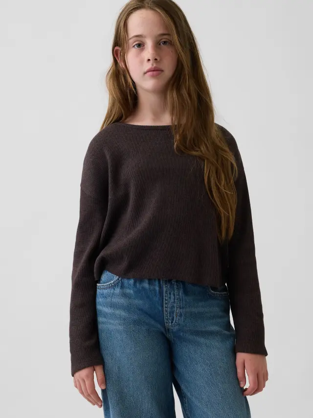 Παιδική Μπλούζα σε Βάφλα Πλέξη και Oversized Γραμμή Terra brown