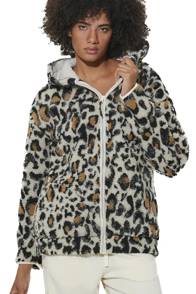 Body Action Printed Zip-Up Sherpa Hoodie Artist Leopard 071625-01-Artist Leopard - L