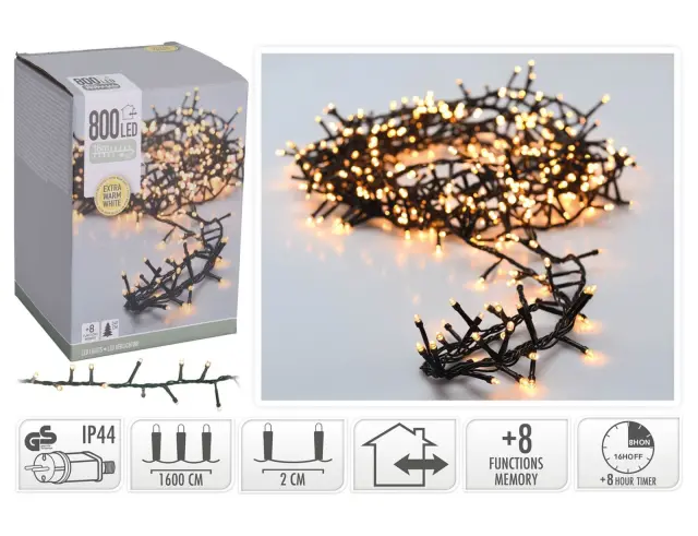 800 Φωτάκια LED - 16 Μέτρα + 3 Μέτρα σύνδεσης, Κανονική Διάταξη, με χειριστήριο, 8 προγράμματα, Πράσινο καλώδιο PVC - Extra Θερμό Λευκό AX8560330