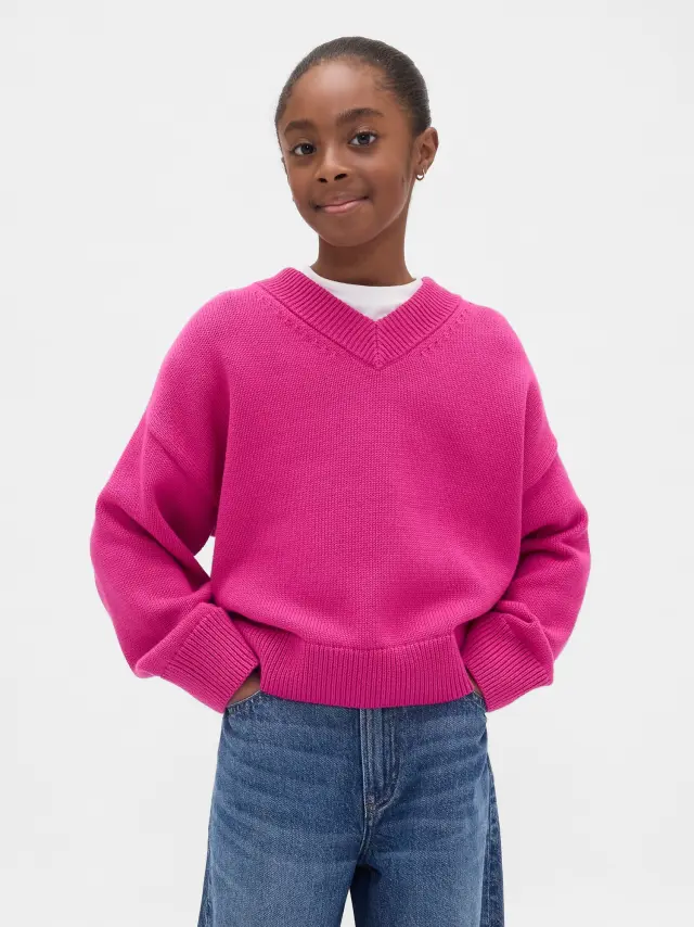 Παιδικό Boxy V-Neck Πουλόβερ Bright fuchsia