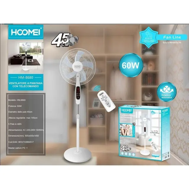 Hoomei Επιδαπέδιος Ανεμιστήρας 60W Διαμέτρου 45cm με Ορθοστάτη και Τηλεχειριστήριο HM-8680 2