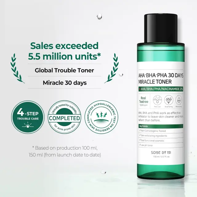 Some By Mi AHA BHA PHA 30 Days Miracle Toner, Τονωτική Λοσιόν με AHA, BHA, PHA για Καθαρισμό Πόρων & Λάμψη 150ml 3