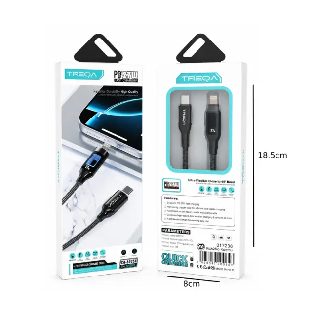 Treqa Καλώδιο USB-C σε Lightning PD 27W Γωνιακό 90° 1.2m CA-80054 - USB-C to Lightning PD 27W 90° Fast Charging Cable 1.2m CA-80054 2