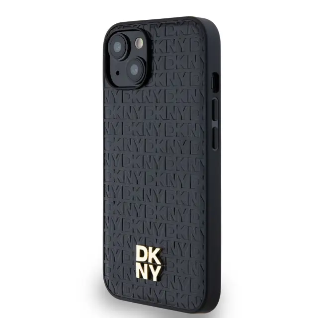 DKNY PU Leather Repeat Pattern Stack Logo MagSafe Case for iPhone 15 Black 3