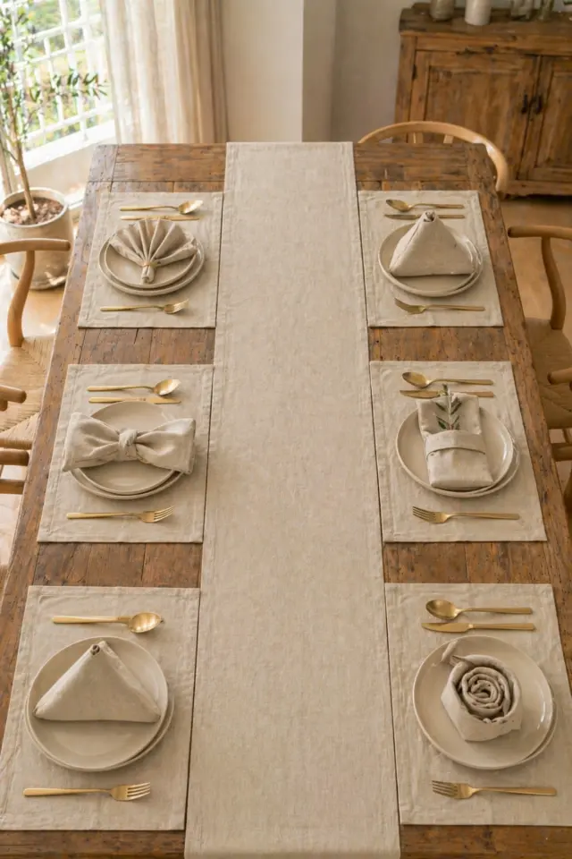 Stewehome Σετ τραπεζιού 13 τεμαχίων από βαμβακερό λινό με δρομέα τραπεζιού αμερικάνικα σουπλά και πετσέτες σερβιρίσματος για 6 άτ Μπεζ 40x150 cm 3