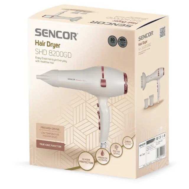 Σεσουάρ Μαλλιών Sencor SHD 8200GD 2400W Ιονισμού Procare+ με 3 Επιλογές Θερμοκρασίας και 2 Ταχύτητας Αέρα Λευκό/Χρυσό 2