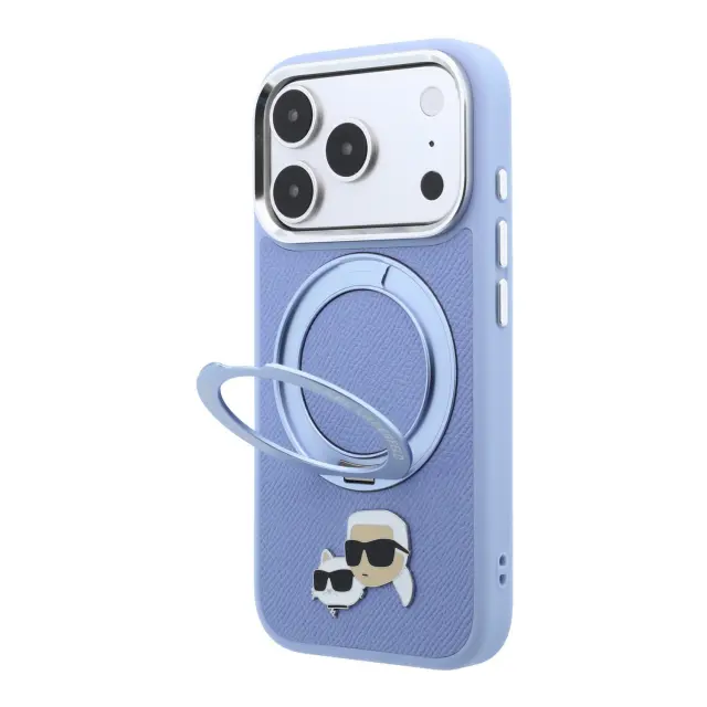 Karl Lagerfeld PU Grained K&CH Heads Ring Stand Magsafe Case for iPhone 18 Pro Max Blue 2