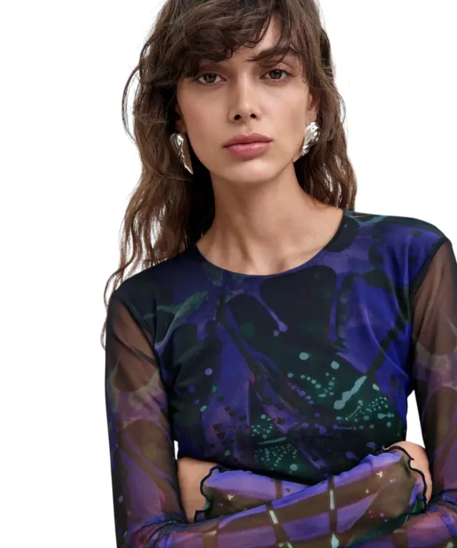 Desigual - Γυναικεία Τούλινη Μπλούζα Dotsleaf 26WWTK02-5022 Μπλε/Πράσινο 2