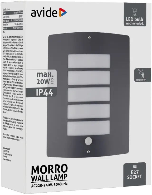 Avide Εξωτερικό Φωτιστικό Τοίχου Morro 1xE27 IP44 Ανθρακί με Φωτοκύτταρο 15.001.1594