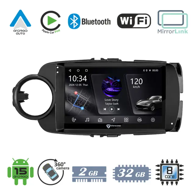 VenCore Οθόνη Multimedia Android 15 9" PX5S Octa-Core 2GB/32GB IPS με Πρόσοψη, CarPlay, Android Auto και Υποστήριξη Κάμερας 360° για Toyota Yaris 2012-2015 – Μαύρη (3236-10005-0635B)