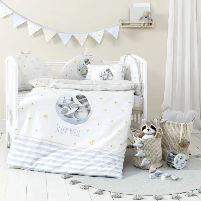 Σετ Σεντόνια Κούνιας 120x170 Nima Sleepy Racoon Ciel 100% βαμβακερόΧωρίς Λάστιχο