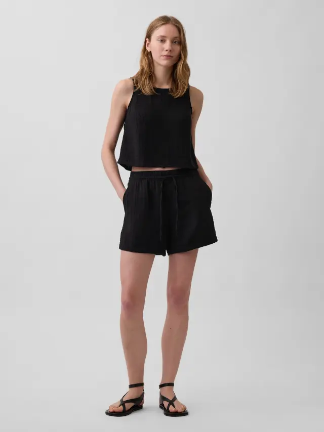 Γυναικείο Mid Rise Σορτς 4" από βαμβακερή γάζα Black - XL