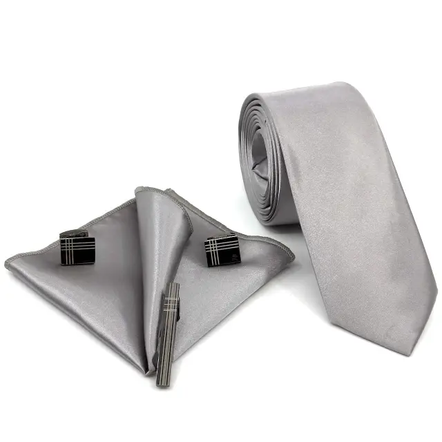Ασημί Dark Silver Γραβάτα Σατέν Ματ 6,5 cm με Ασορτί Μαντήλι