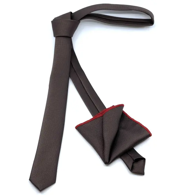 Καφέ Oxford Γραβάτα Slim 4,5 cm Σετ με Μαντηλάκι 2