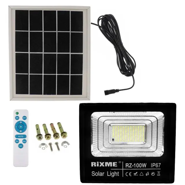 Led Αδιάβροχος Ηλιακός Προβολέας 100W 12480LM με Πάνελ και Τηλεχειριστήριο Rixme RZ-100W