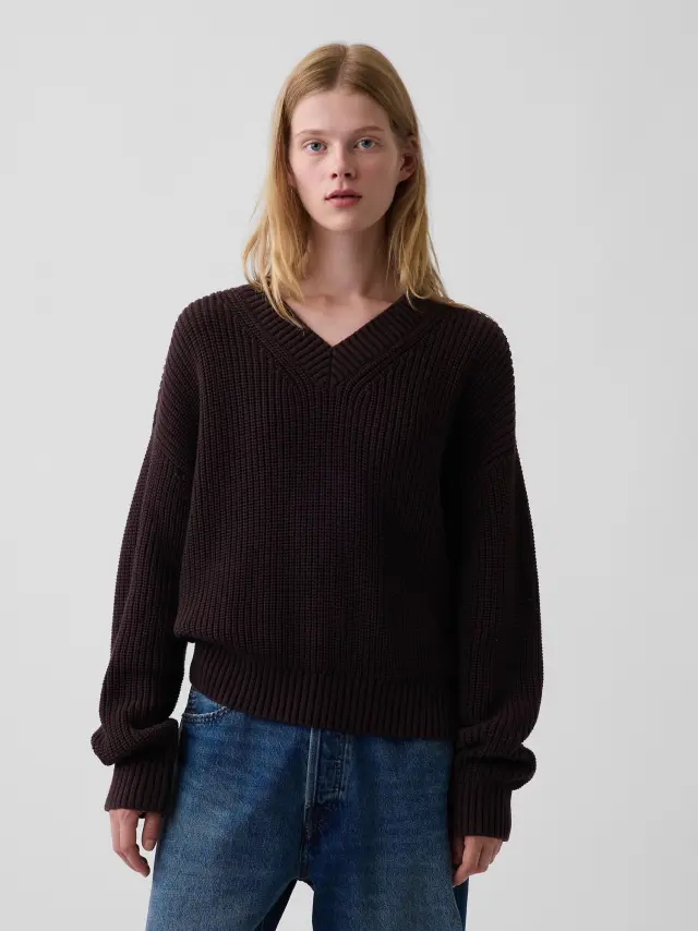 Γυναικείο Πουλόβερ σε Oversized Γραμμή με V-Λαιμόκοψη από 100% Βαμβάκι Terra brown