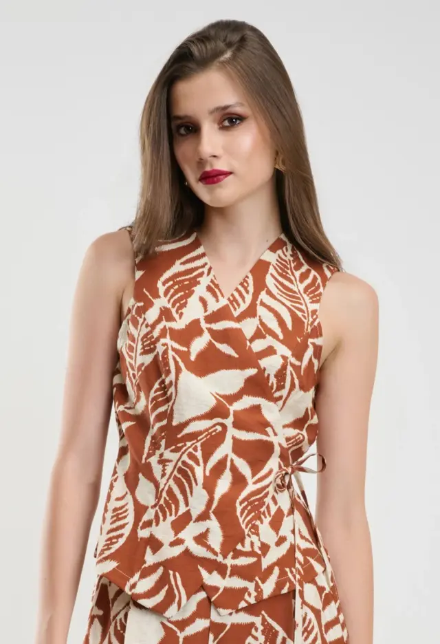 DESIREE Σετ Τοπ Κρουαζέ & Παντελόνα με Καφέ Tropical Print Μπεζ - M 3