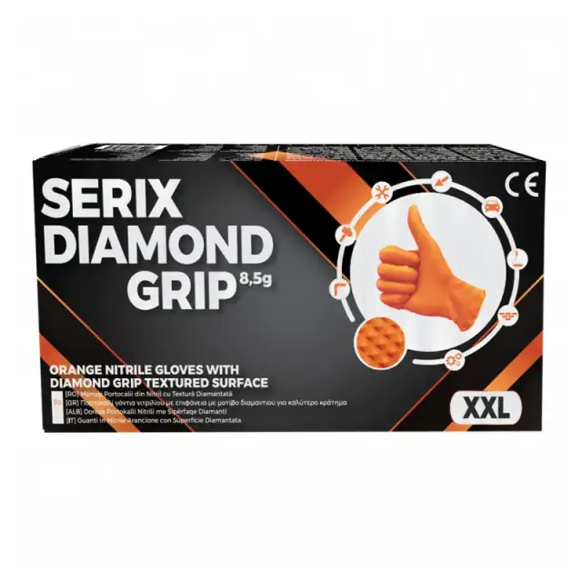 Γάντια Νιτριλίου Serix Diamond Grip Orange 8,5 g, Πορτοκαλί, Χωρίς Πούδρα (50 τεμ.)