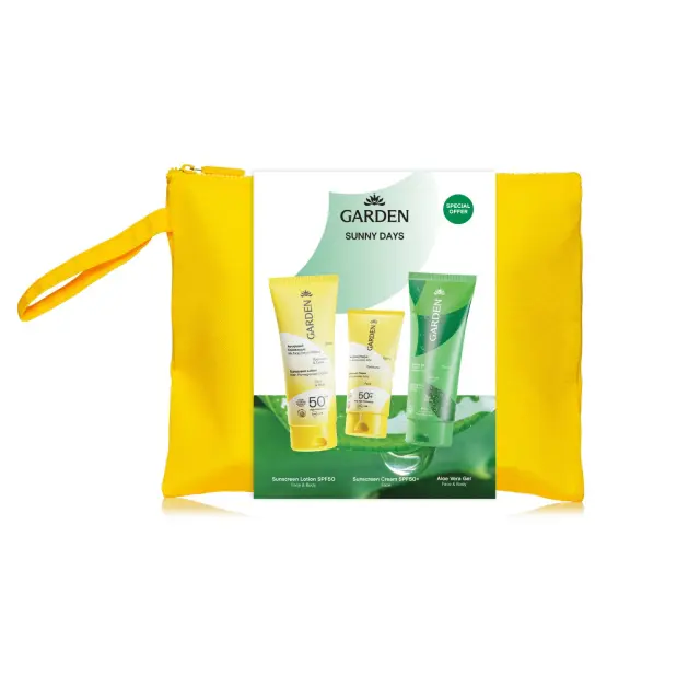 Garden Sunny Days Bag Αντηλιακό Γαλάκτωμα Πρόσωπο & Σώμα SPF50, 75ml & Αντηλιακή Κρέμα Προσώπου SPF50+, 25ml & Aloe Vera Gel Πρόσωπο & Σώμα, 75ml & Μεγάλο Ριγέ Νεσεσέρ