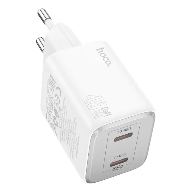 Φορτιστής Ταξιδίου Hoco N42 Elogiado Small Body με 2 Εξόδους Φόρτισης USB-C PD45W Λευκός