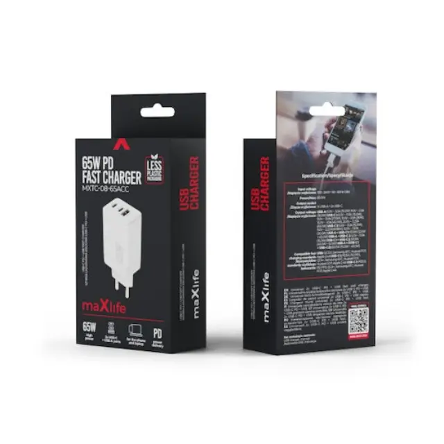 Φορτιστής Ταξιδίου Ταχείας Φόρτισης Maxlife MXTC-08-65ACC με Τριπλή Έξοδο USB A & 2xUSB C PD QC 65W Λευκό N66476