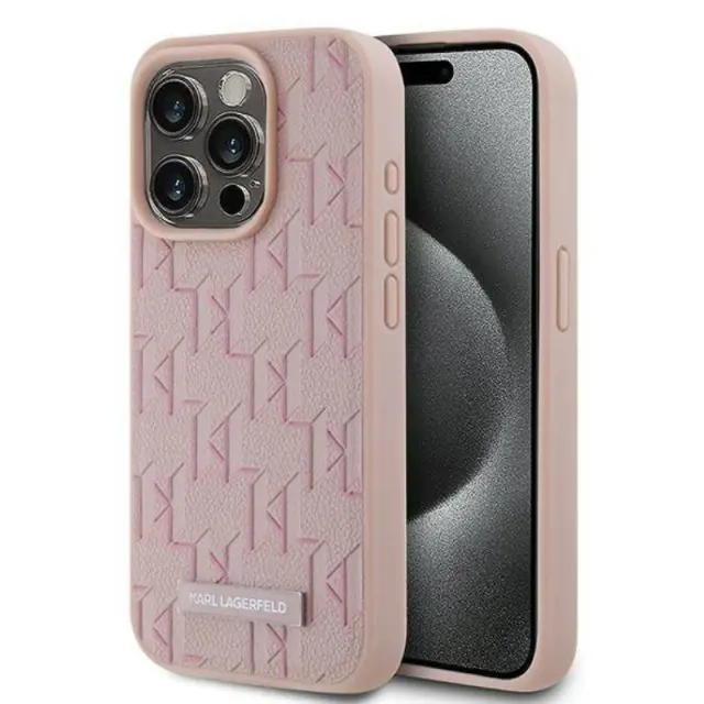 Karl Lagerfeld iPhone 15 Pro Max 6.7 pink Leather Monogram Metal Logo