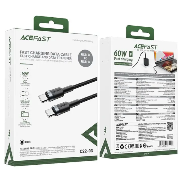 Καλώδιο Σύνδεσης Acefast C22-03 USB-C σε USB-C USB2.0 3A 60W Braided Μαύρο 1.2m 3