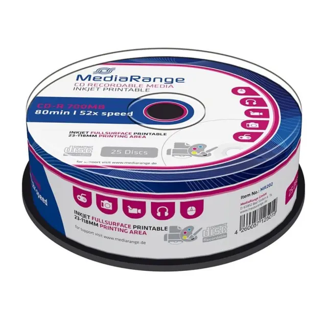 MediaRange CD-R 80' 700MB 52x Inkjet Fullsurface Printable Cake x 25 (MR202)