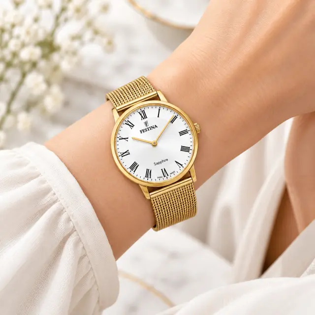 Γυναικείο Ρολόι Festina F20022/4 Swiss Made Χρυσό με Ασημί Καντράν & Milanese Μπρασελέ 2
