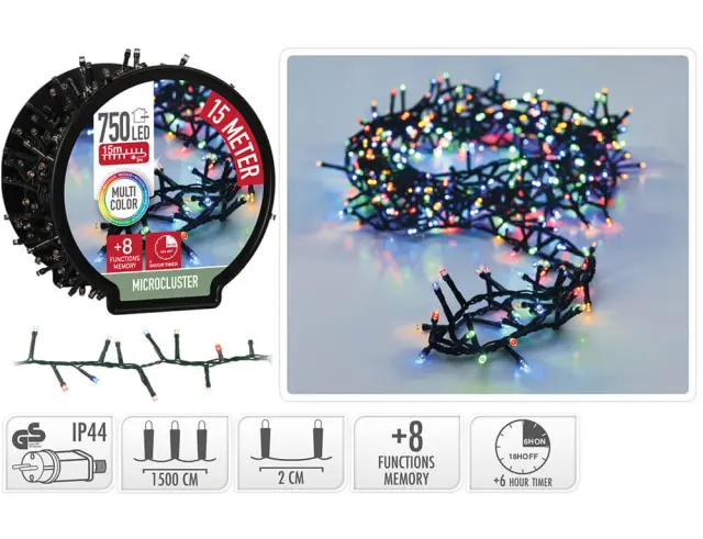 750 Φωτάκια LED - 15 Μέτρα + 3 Μέτρα σύνδεσης , Kανονική Διάταξη, με χειριστήριο, 8 προγράμματα, Πράσινο καλώδιο PVC - Πολύχρωμο AX8521220