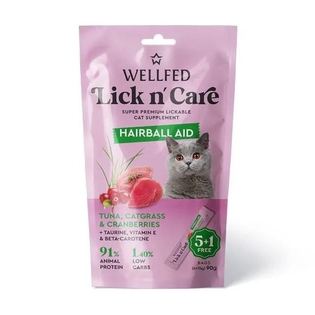 WellFed Lick n Care Hairball Aid Λιχουδιά για Γάτες με Τόνο, Γατόχορτο & Cranberries 90gr