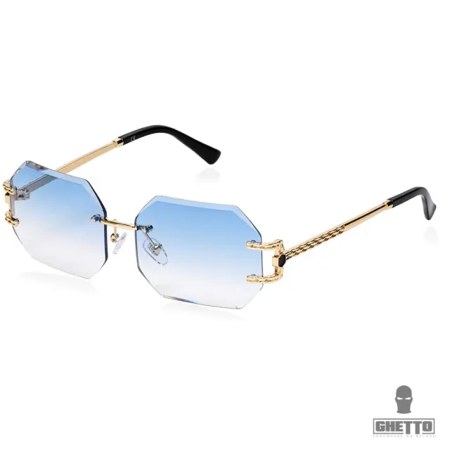 Ghetto Luxury Polygon Square Gold Frame Sunglasses For Women Blue