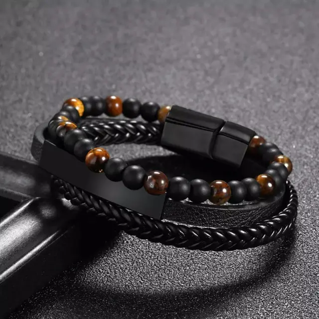 Tiger Eye Δερμάτινο Βραχιόλι με Ηφαιστειακές Πέτρες 3