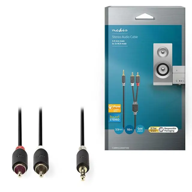 Καλώδιο 2x RCA αρσ. - 3,5mm Stereo αρσ, 10m.
