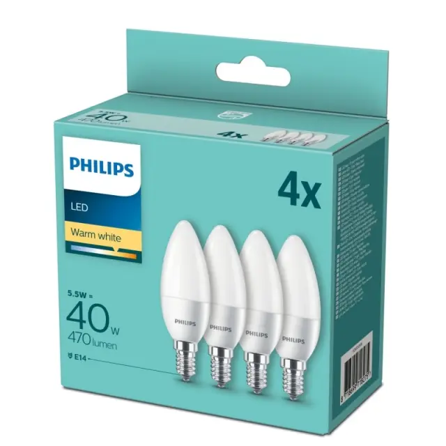 Philips Λάμπες LED Κερί B35 Θερμό Λευκό 470lm 4τμχ E14/5,5W/220-240V2700K 106x35mm