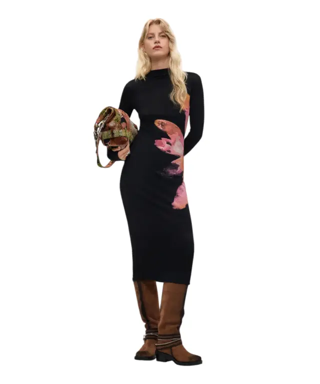 Desigual - Γυναικείο Midi Πλεκτό Φόρεμα Sevilla 26WWVK25-2000 Μαύρο με Σχέδια