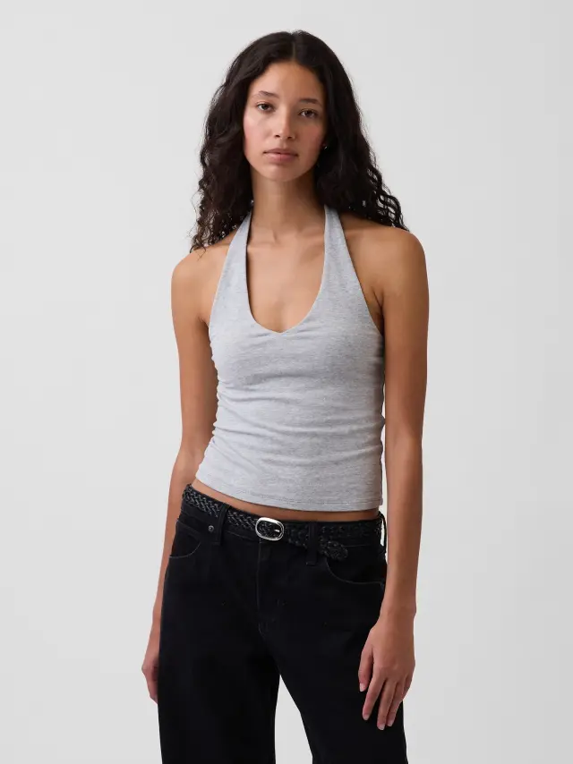 Γυναικείο Αμάνικο Halter Τοp CloseKnit σε Cropped Γραμμή Light heather grey