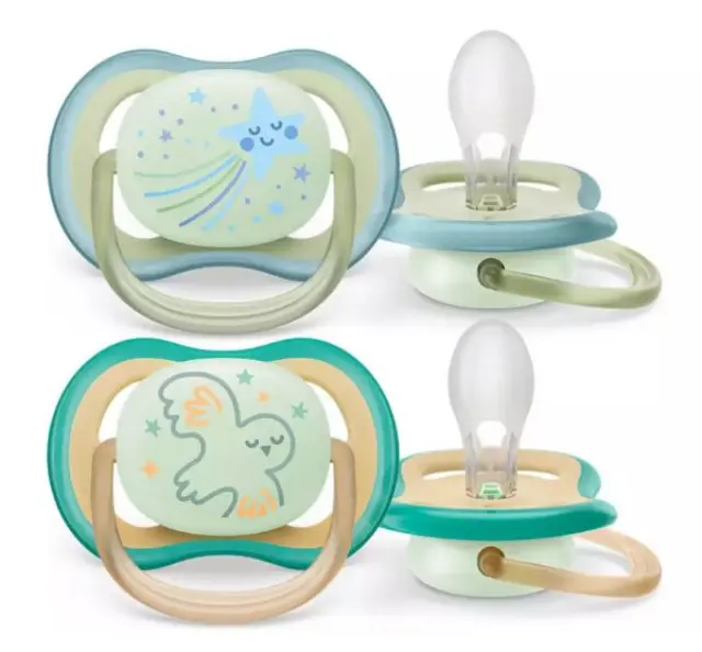 Philips Avent Πιπίλες Σιλικόνης Ultra Air 0-6m Nighttime Mint Star / Green Bird 376/18