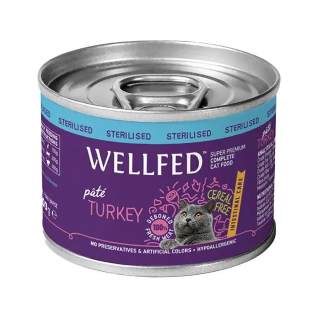 WELLFED Για ενήλικες στειρωμένες γάτες με προβλήματα στο πεπτικό. Με γεύση γαλοπούλα(12 μηνών - 7 ετών) 200gr